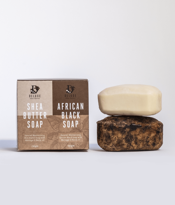 All-natural soaps: Deluxe African Black Soap bar, and Deluxe Shea Butter Soap bar next to product box.