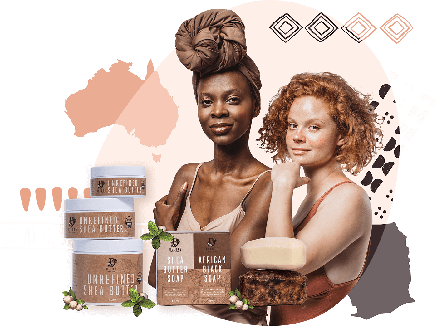 Deluxe Shea Butter Hero image showcasing product range, maps of Australia and Ghana, and two models.